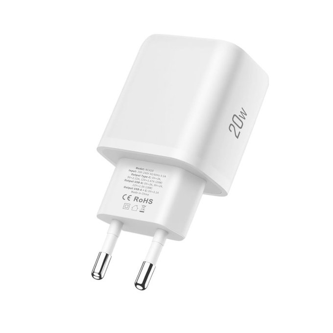 Caricatore da parete NCA20 2-PORT PD 20W / QC3.0 + USB-C Cable, bianca, Tech-Protect