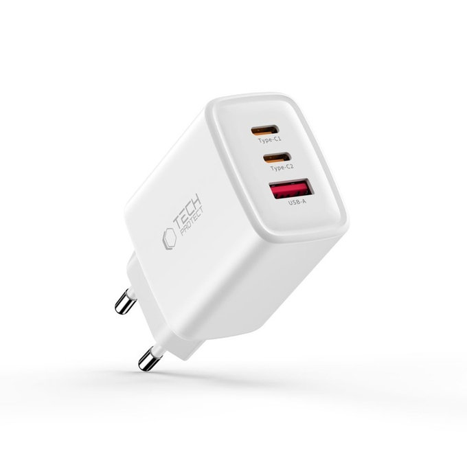 Caricatore da parete NCA65W-GAN 3-PORT PD 65W / QC3.0, bianca, Tech-Protect
