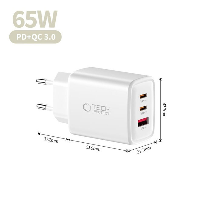 Caricatore da parete NCA65W-GAN 3-PORT PD 65W / QC3.0, bianca, Tech-Protect