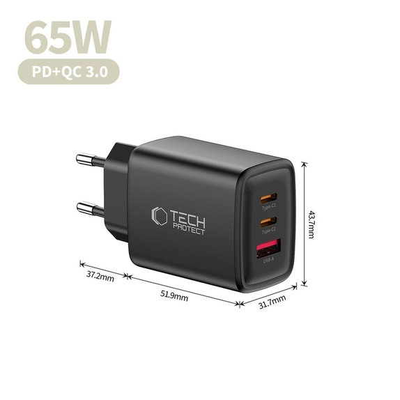 Caricatore da parete NCA65W-GAN 3-PORT PD 65W / QC3.0, nera, Tech-Protect