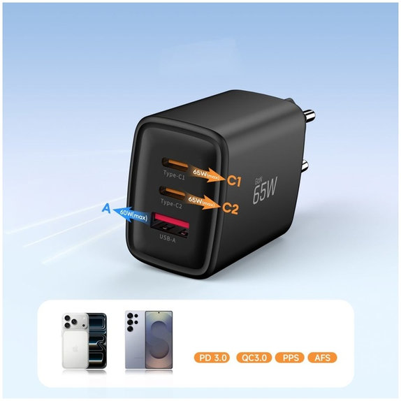 Caricatore da parete NCA65W-GAN 3-PORT PD 65W / QC3.0, nera, Tech-Protect