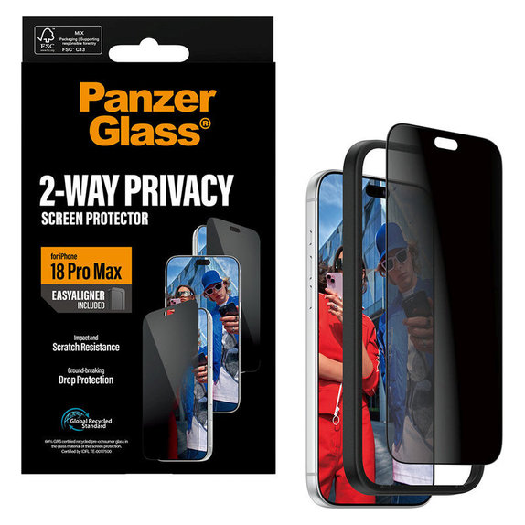 Vetro temperato UWF 2-Way Privacy con applicatore per iPhone 18 Pro Max, Nero, PanzerGlass