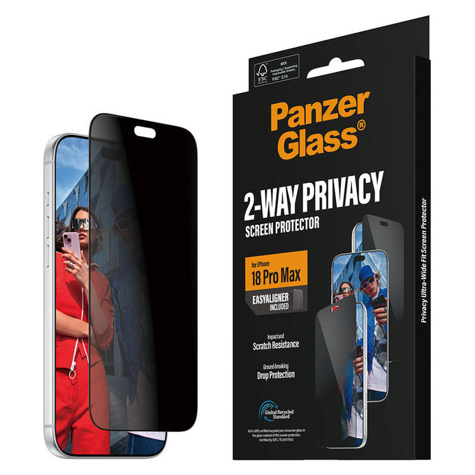 Vetro temperato UWF 2-Way Privacy con applicatore per iPhone 18 Pro Max, Nero, PanzerGlass