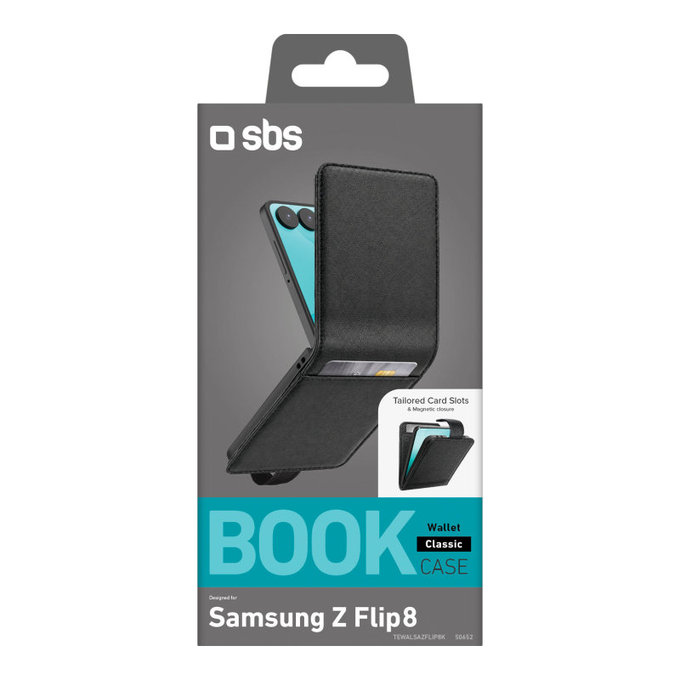 Custodia Wallet Stand per Samsung Galaxy Z Flip8, Nero, SBS