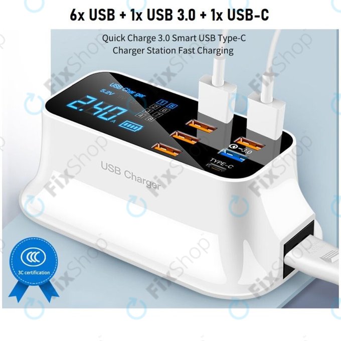Stazione di ricarica USB con USB 3.0 e USB-C, Asometech Model E