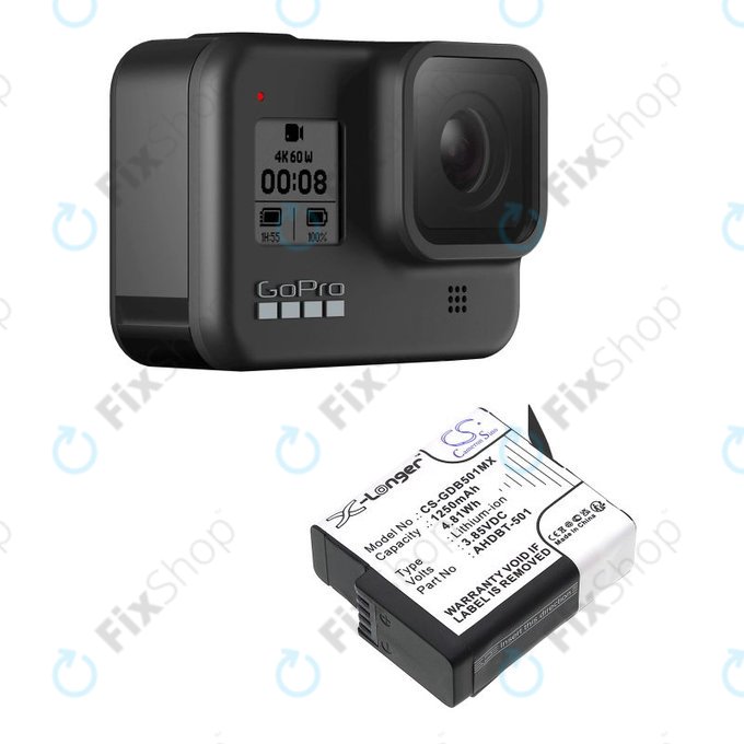 Batteria per Gopro Hero 8, Hero 6, AHDBT-501, Li-Ion, 1250mAh, 3.85V, HQ