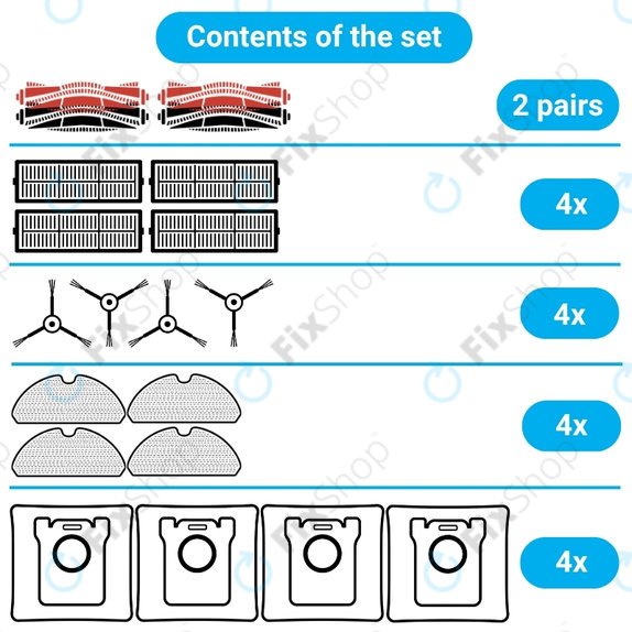 Set di ricambio per Xiaomi RobGoldck Q5 Pro, Q8 Max+ (2x spazzola principale, 4x filtro, 4x spazzola laterale - Black, 4x panno lavapavimenti, 4x sacchetto raccoglipolvere)