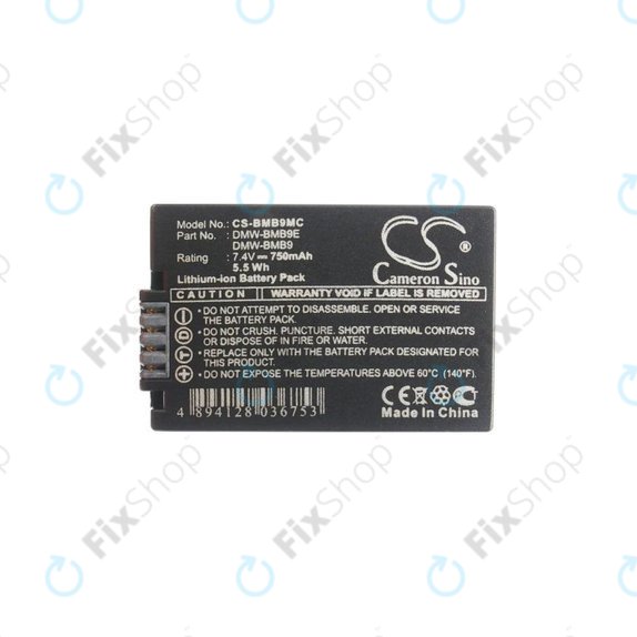 Batteria per Panasonic Lumix DMC-FZ40, FZ45, FZ47, FZ48, FZ60, FZ62, FZ70, FZ72, FZ100, FZ150, DMW-BMB9, Li-Ion, 750mAh, HQ