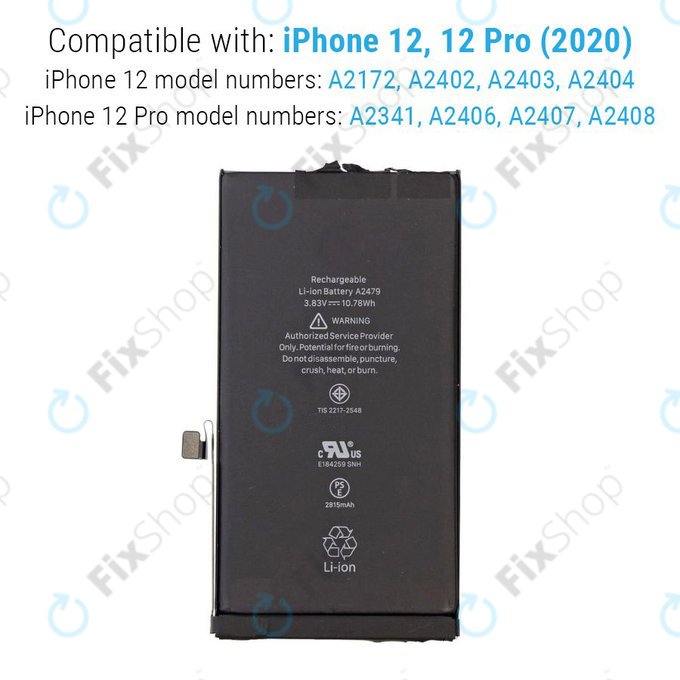 Batteria per iPhone 12, 12 Pro, A2479, 2815mAh, Service Pack