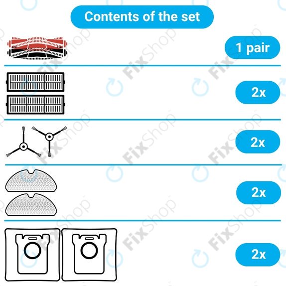 Set di ricambi per Xiaomi Roborock Q5 Pro, Q8 Max+ (1x spazzola principale, 2x filtro, 2x spazzola laterale - Black, 2x panno mop, 2x sacchetto polvere)