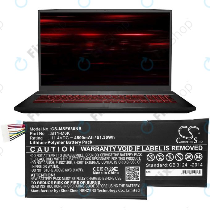 Batteria per MSI GF63, MSI GF75, MSI GS63, BTY-M6K, Li-Pol, 4500mAh, 11.4V, HQ