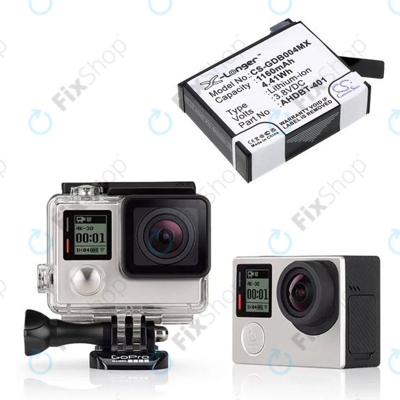 Batteria per GoPro Hero 4, AHDBT-401, Li-Ion, 1160mAh, 3.8V, HQ