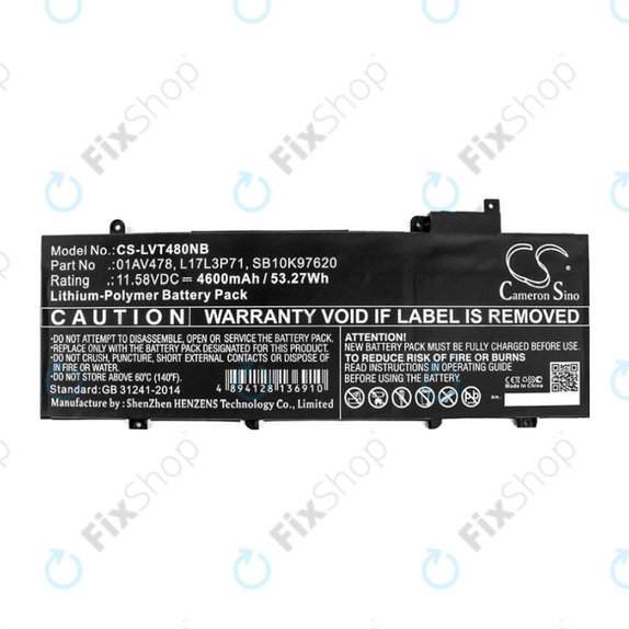 Batteria per Lenovo ThinkPad T480S, 01AV478, Li-Pol, 4600mAh, 11.58V, HQ
