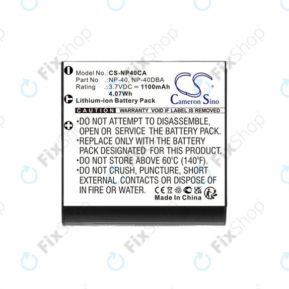 Batteria per Casio Exilim Ex-FC100, NP-40, Li-Ion, 1100mAh, 3.7V, HQ