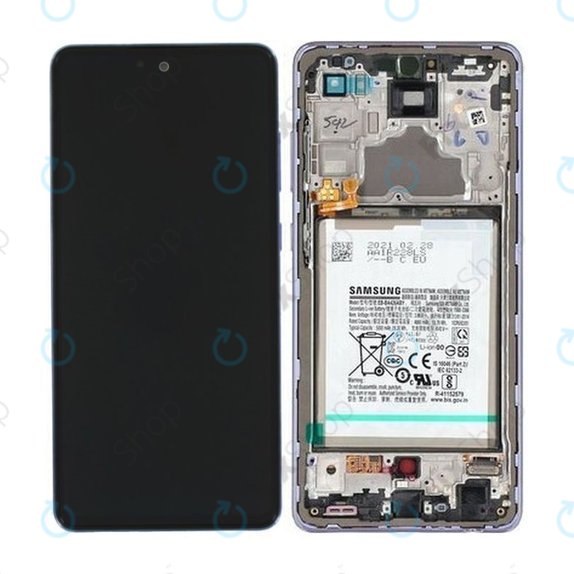 Schermo per Samsung A72 A725F, A726B, Awesome Violet, Vetro touch con cornice e batteria, GH82-25541C, GH82-25542C, Genuine Service Pack