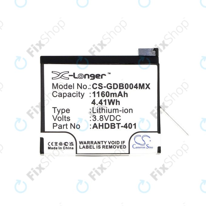 Batteria per GoPro Hero 4, AHDBT-401, Li-Ion, 1160mAh, 3.8V, HQ