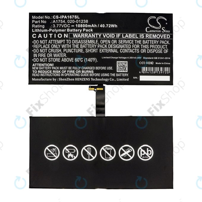 Batteria A1754 per Apple iPad Pro 12.9" (2nd Gen 2017), 020-01238, 10800mAh, HQ