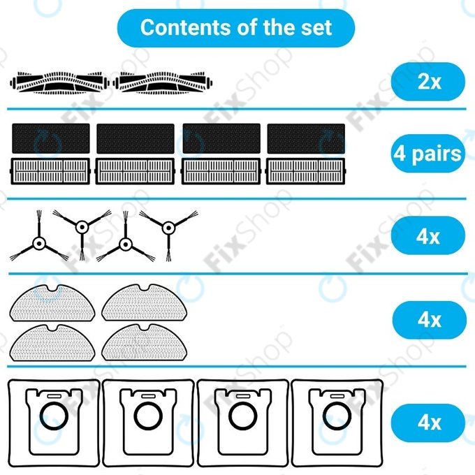 Set di ricambio per Xiaomi Viomi S9, Proscenic M7 Pro, M7 Max, M8 Pro (2x Spazzole principali, 4x Filtri, 4x Spazzole laterali, 4x Panni mop, 4x Sacchetti per la polvere)