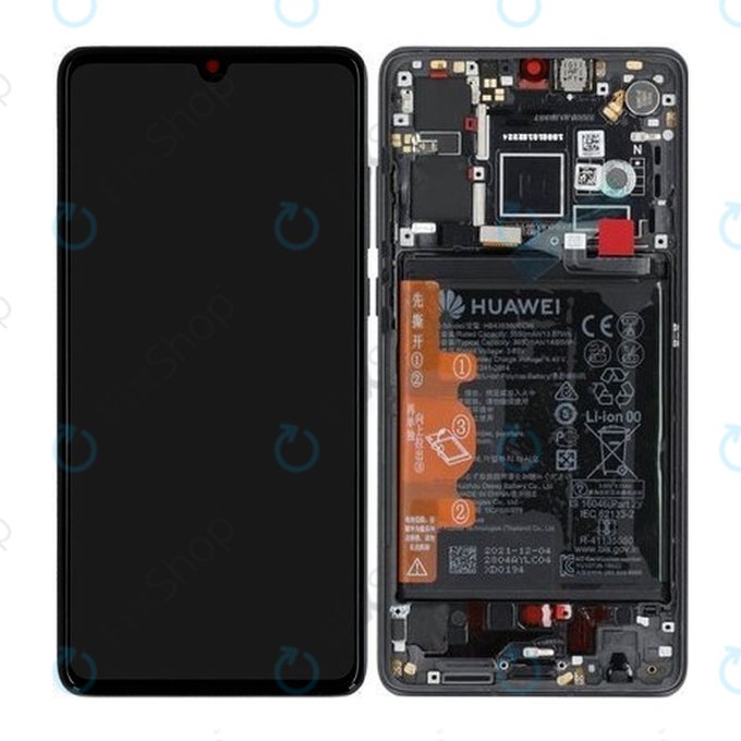 Schermo per Huawei P30, Vetro touch con cornice, batteria, Black, 02354HLT, Genuine Service Pack