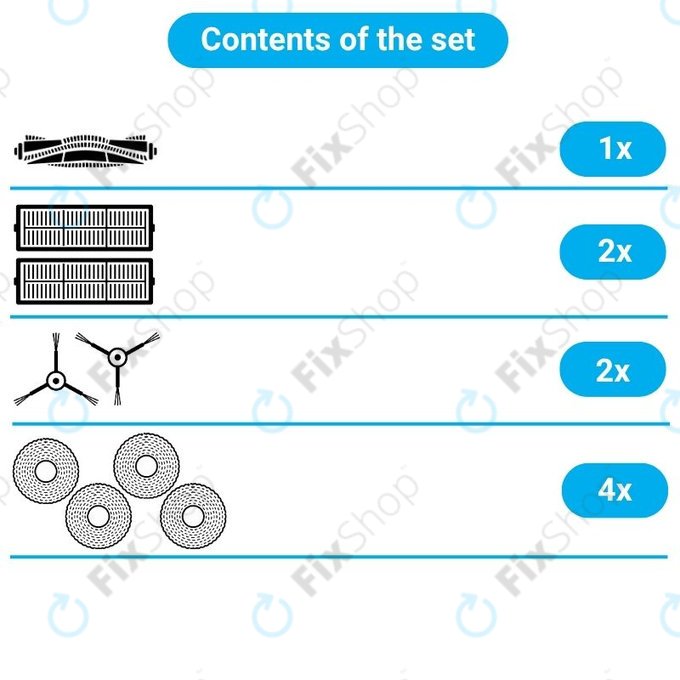 Set di ricambio per Xiaomi Dreame Bot W10, W10 Pro (1x Spazzola principale, 2x Filtri, 2x Spazzole laterali, 2x Panni per mocio)