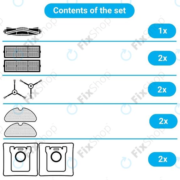 Set di ricambio per Xiaomi Viomi Alpha 2 PRO, V5 PRO, V5 (1x Spazzola principale, 2x Filtri, 2x Spazzole laterali, 2x Panni per mocio, 2x Sacchetti per la polvere)