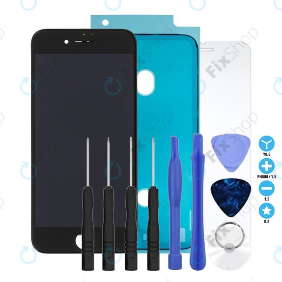Schermo per iPhone 7, Black, Vetro touch con cornice, Adesivo (Adhesive), Vetro temperato, Kit di attrezzi