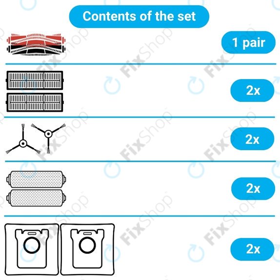 Set di ricambi per Dreame Aqua 10, 10 Ultra (1 paio di spazzole principali, 2x filtro, 2x spazzola laterale, 2x panno mop, 2x sacchetto polvere)