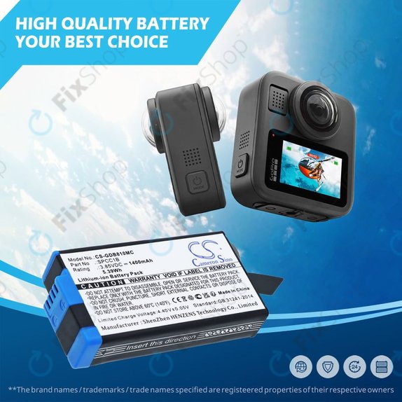 Batteria per GoPro Max, Max 360, Acbat-001, SPCC1B, Li-Ion, 1400mAh, 3.85V, HQ