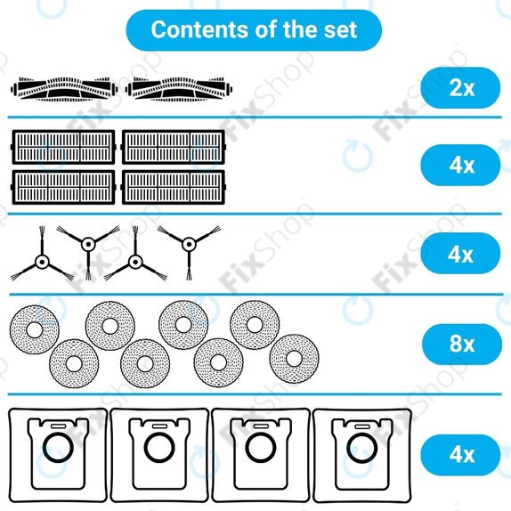 Set di ricambi per Mova P50 Ultra (2x spazzola principale, 4x filtro, 4x spazzola laterale, 8x panno mop, 4x sacchetto polvere)