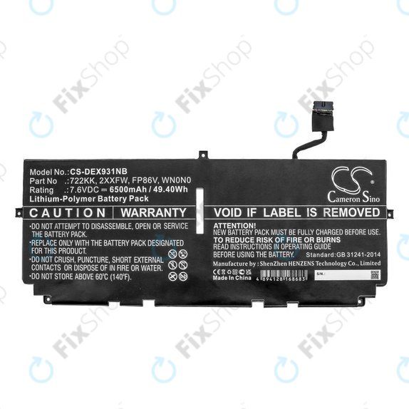 Batteria per Dell XPS 13 9300, 9380, 9310, 2XXFW, Li-Pol, 6500mAh, 7.6V, HQ