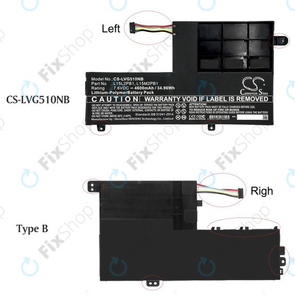 Batteria per Lenovo Yoga 510 14, Yoga 510 15, L15L2PB1, Li-Pol, 4600mAh, 7.6V, HQ
