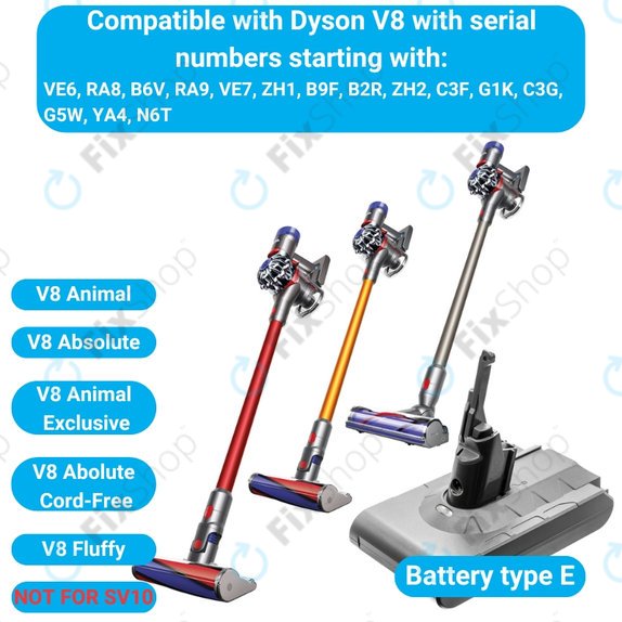 Batteria per Dyson V8, 215681, PM8-US-HFB1497A, Li-Ion, 2600mAh, 21.6V, HQ
