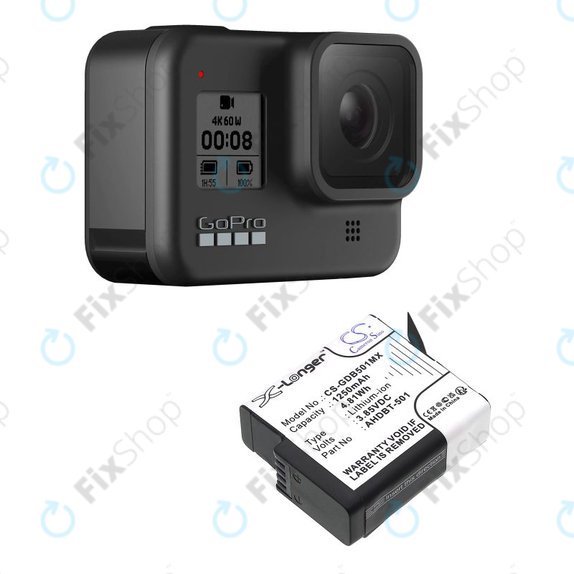 Batteria per Gopro Hero 8, Hero 6, AHDBT-501, Li-Ion, 1250mAh, 3.85V, HQ