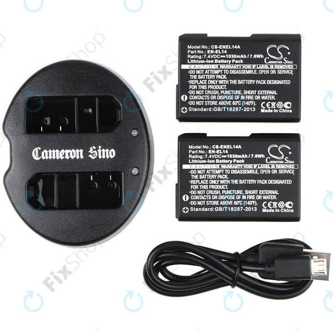Batteria per Nikon Coolpix P7000, P7700, D3100, D3200, D5100, 1030mAh, Li-Ion, 7.4V, EN-EL14, 2pz con caricabatterie, HQ