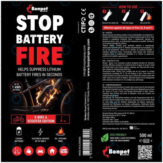 Bonpet Spray estinguente per batterie al litio, 500 ml, E-Bike & Scooter Edition