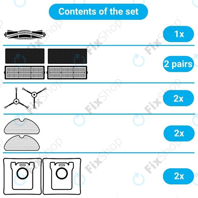 Set di ricambio per Xiaomi Viomi S9, Proscenic M7 Pro, M7 Max, M8 Pro (1x Spazzola principale, 2x Filtri, 2x Spazzole laterali, 2x Panni mop, 2x Sacchetti per la polvere)