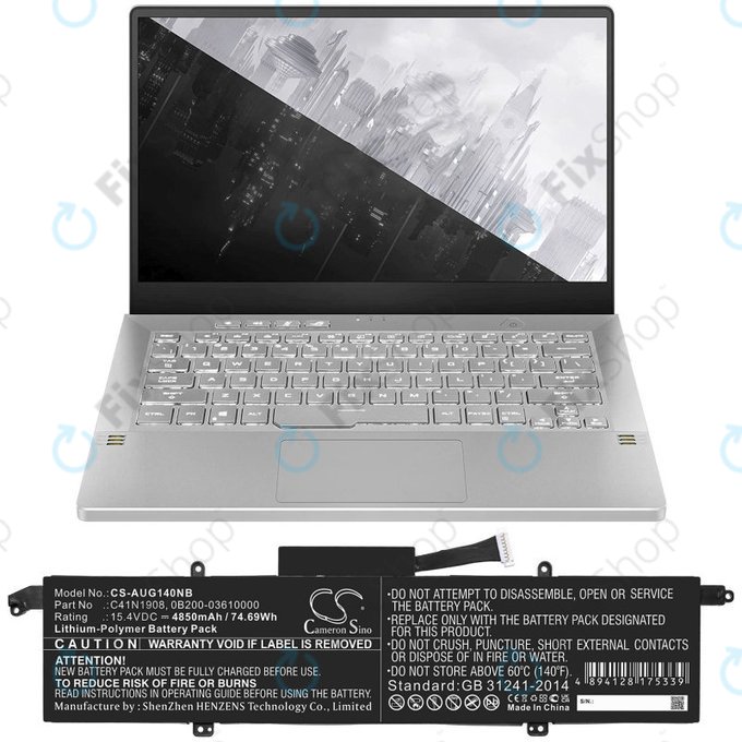 Batteria per Asus ROG Zephyrus G14 GA401, C41N1908, Li-Pol, 4850mAh, 15.4V, HQ
