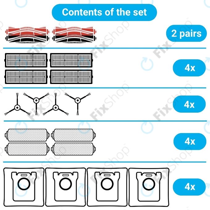 Set di ricambi per Mova Z60 Ultra Roller (2 paia di spazzole principali, 4x filtro, 4x spazzola laterale, 4x panno mop, 4x sacchetto polvere)