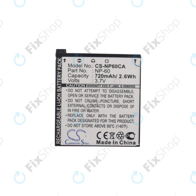 Batteria per Casio Exilim Zoom EX-Z19, EX-Z85, EX-Z9, NP-60, Li-Ion, 720mAh, 3.7V, HQ