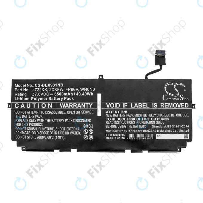 Batteria per Dell XPS 13 9300, 9380, 9310, 2XXFW, Li-Pol, 6500mAh, 7.6V, HQ