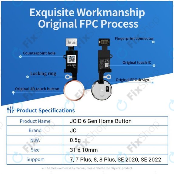 Tasto Home JCID 7ª Gen per iPhone 7, 7 Plus, 8, 8 Plus, SE (2020), SE (2022), Silver, White