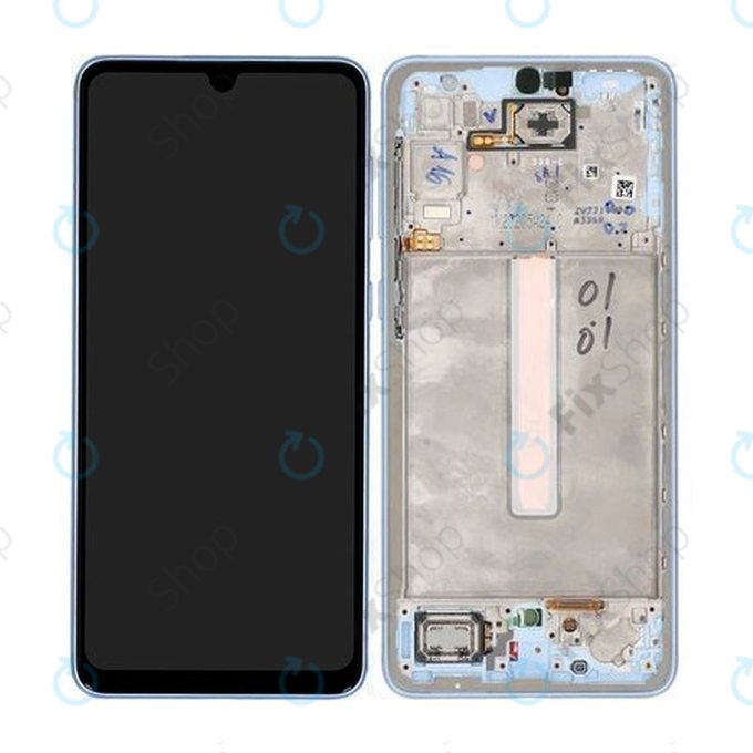 Schermo per Samsung A33 5G A336B, Awesome Blue, Vetro touch con cornice, GH82-28143C, GH82-28144C, Genuine Service Pack