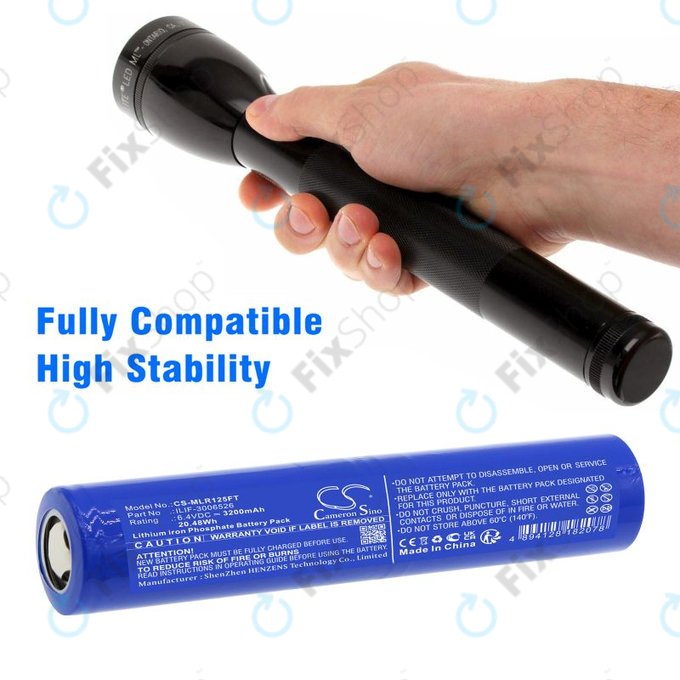 Batteria per Maglite ML125, ML150LR, ML150LRX, LiFePO4, ILIF-3006526, 3200mAh, 6.4V, HQ