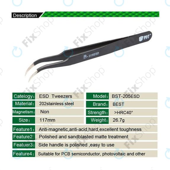 Pinzetta metallica ESD con punta curva 117 mm, Best B-205ESD
