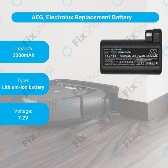 Batteria per AEG RX-seriess, Electrolux E, P-seriess, S91-0400410-SU2, OSBP72LI, OSBP72LI25, Li-Ion, 3400mAh, 7.2V, HQ