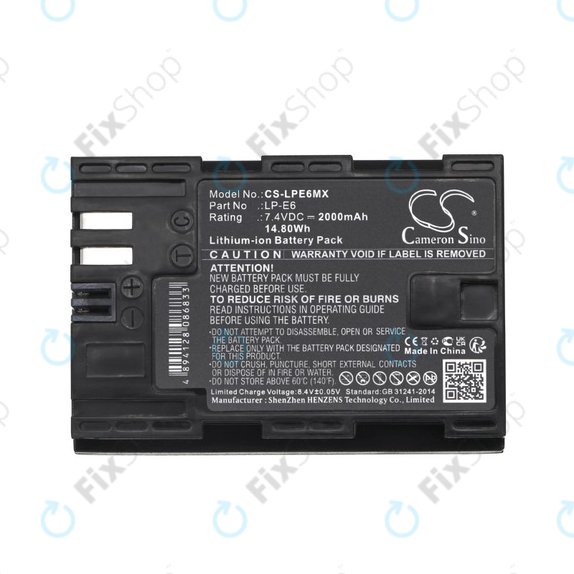 Batteria per Canon EOS 5D Mark II, EOS 7D, EOS 70D, LP-E6, Li-Ion, 2000mAh, 7.4V, HQ