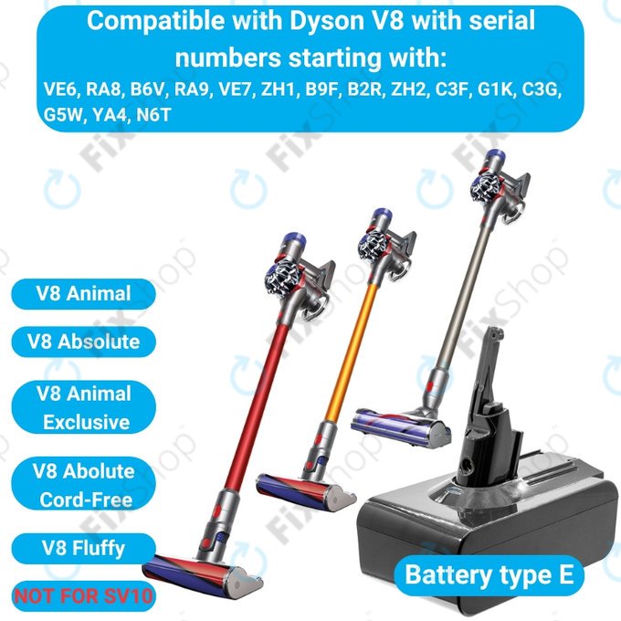 Batteria per Dyson V8, 215681, PM8-US-HFB1497A, Li-Ion, 5000mAh, 21.6V, HQ
