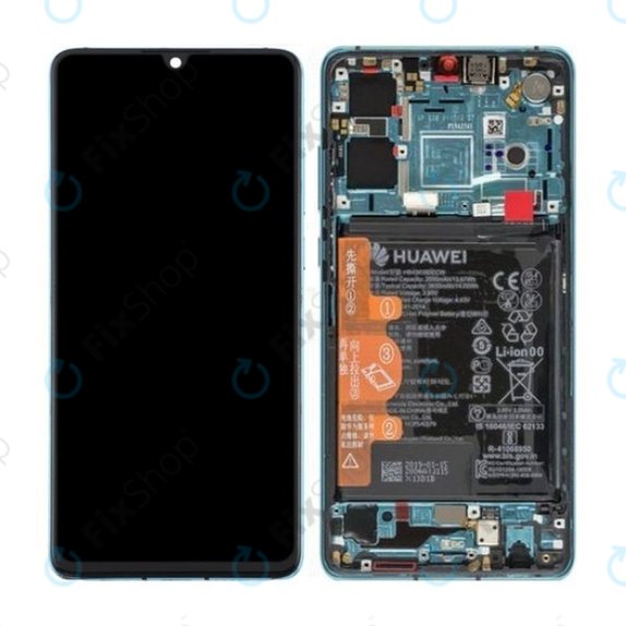Schermo per Huawei P30, Vetro touch con cornice, batteria, Aurora Blue, 02352NLN, 02354HRH, 02354HNJ, Genuine Service Pack