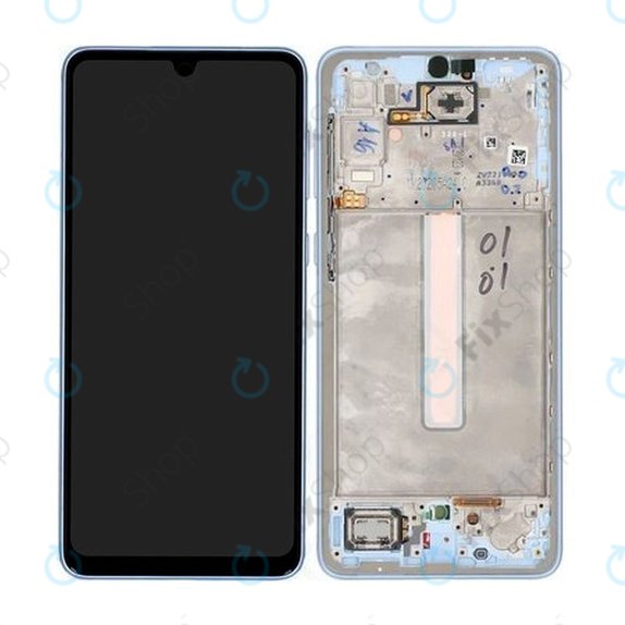 Schermo per Samsung A33 5G A336B, Awesome Blue, Vetro touch con cornice, GH82-28143C, GH82-28144C, Genuine Service Pack