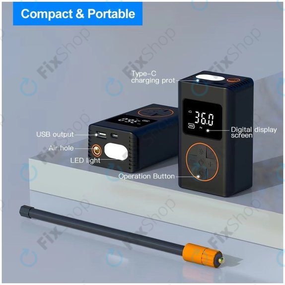 Compressore d'aria elettrico portatile con accessori, 7.4V, 1800mAh